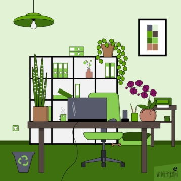 Grünes-Büro-Illustration, nachhaltige illustrationen, business illustration, grafik grünes büro, design grünes büro, nachhaltige grafik, wildpepeprmint-design.de